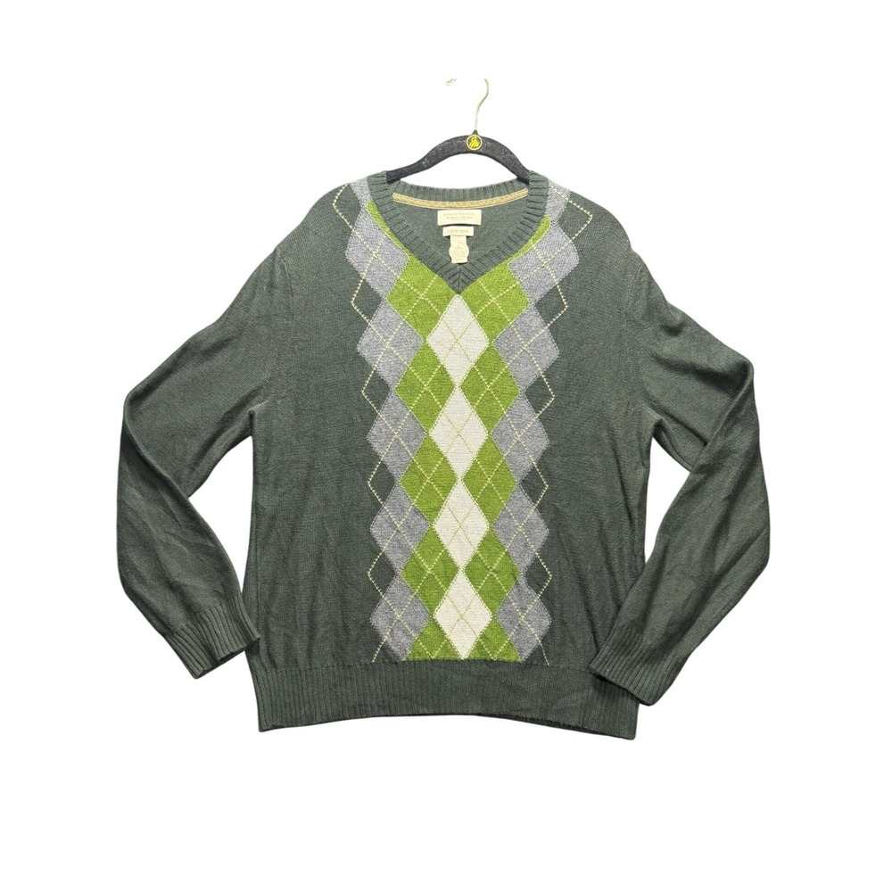 Banana Republic Argyle V-Neck Sweater Men Small Green Luxury Blend Cashmere
